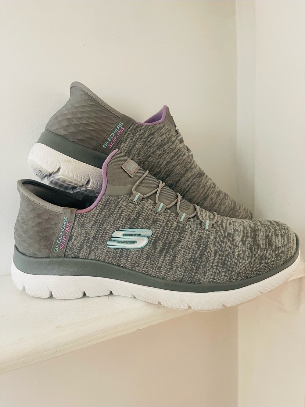 Skechers Gray Knit Slip-On Sneakers with Mint Logo & Lavender Trim